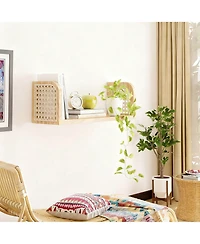 Yigii Rattan Wall Shelf Wooden Floating Storage Boho Decorative