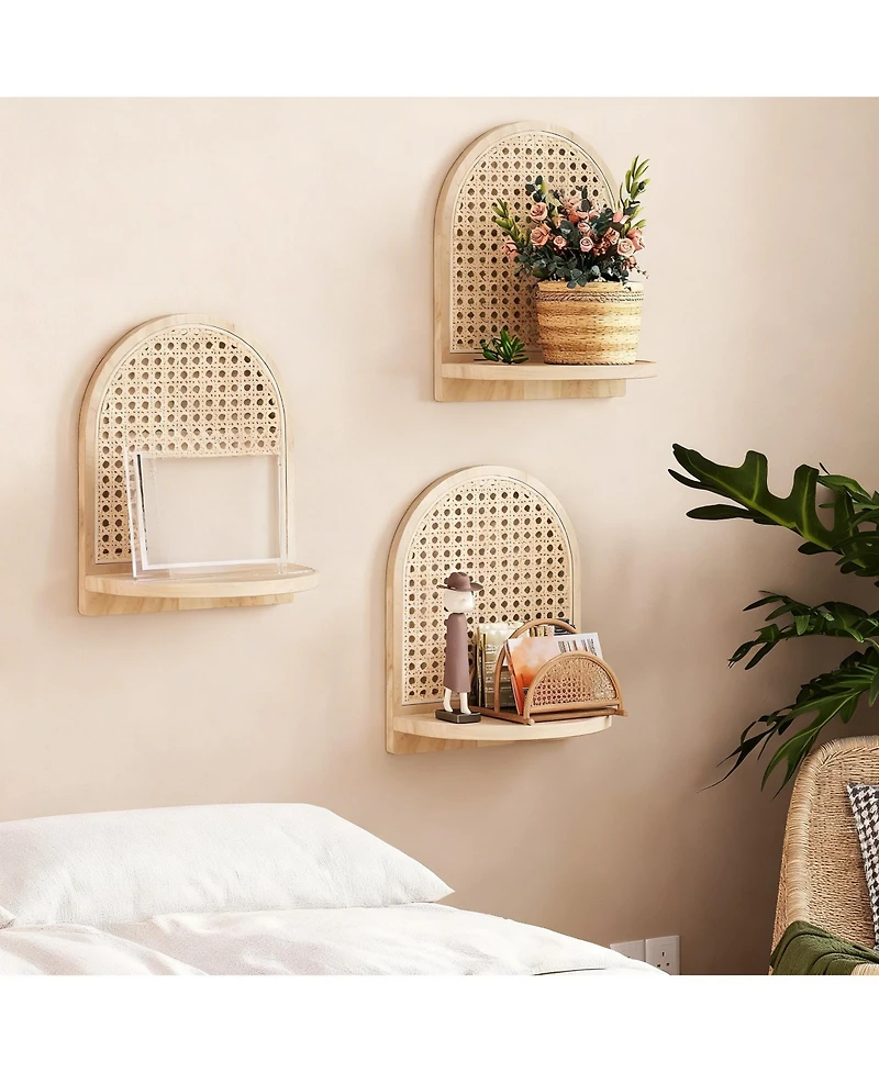 Yigii Rattan Wall Shelf Set of 3 7" Wicker Decor Boho Floating Shelves Plant Display