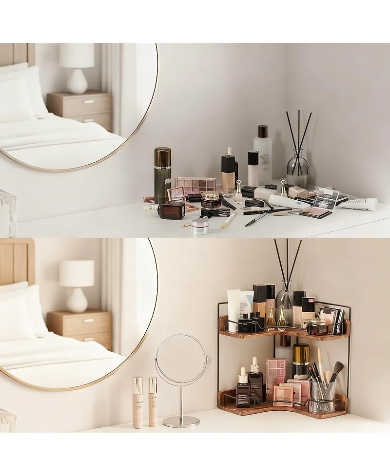 Yigii 2-Tier Wooden Corner Shelf Bathroom Counter Organizer Vanity Makeup Storage