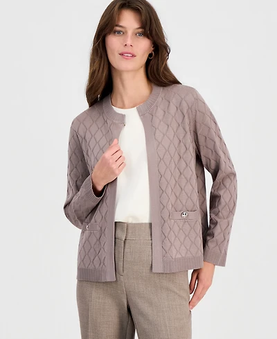 Kasper Petite Diamond-Stitch Crewneck Cardigan