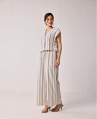 Reistor Women's Striped Matching Set with Wide-Leg Pants and V-neck Top