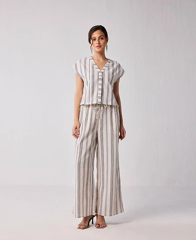 Reistor Women's Striped Matching Set with Wide-Leg Pants and V-neck Top