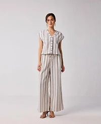 Reistor Women's Striped Matching Set with Wide-Leg Pants and V-neck Top