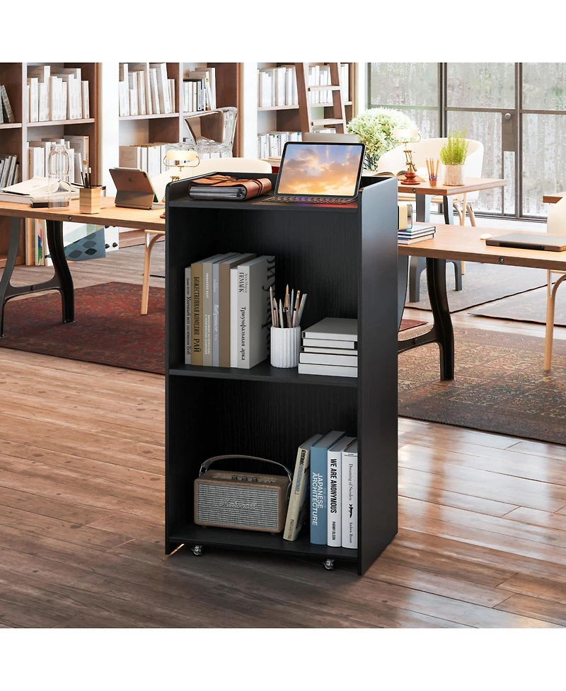 Sugift Rolling Podium Stand with 2 Shelves and Lockable Wheels