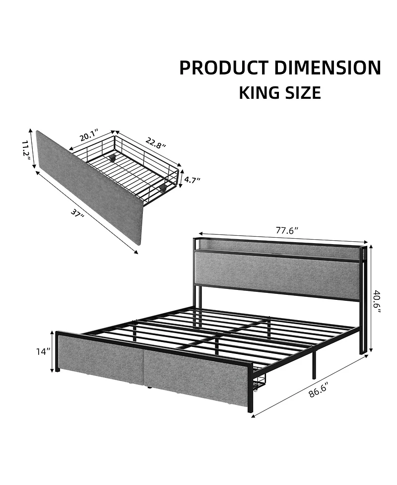 gaomon King Bed Frame with Storage Drawers & Charging Station, Upholstered Headboard, Noiseless, Sturdy, Easy Assembly