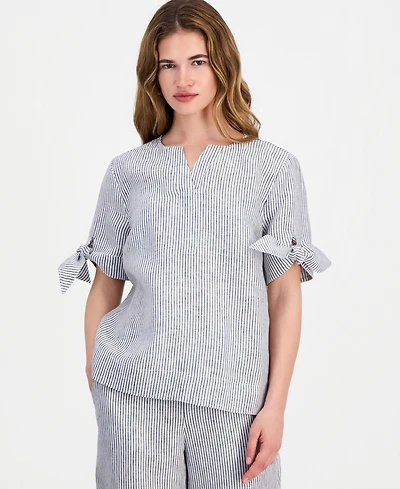 Charter Club Petite Beach Stripe Tie Sleeve Linen Top, Macy's Exclusive