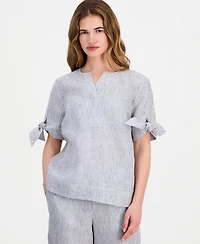 Charter Club Petite Beach Stripe Tie Sleeve Linen Top, Macy's Exclusive