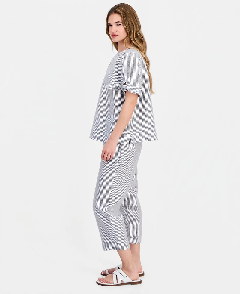 Charter Club Petite Beach Stripe High-Rise Cropped Linen Pants, Macy's Exclusive