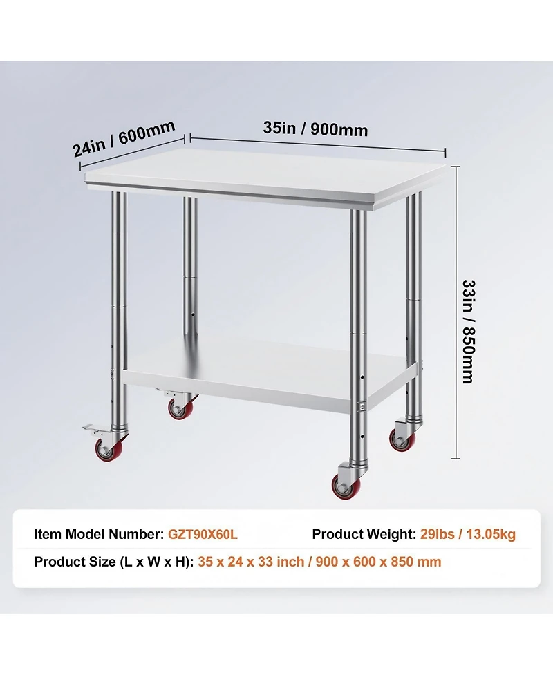 Gouun Stainless Steel Rolling Work Table 35 x 24 x 33 in with 4 Casters, 700 lbs Load Capacity