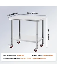 Gouun Stainless Steel Rolling Work Table 35 x 24 x 33 in with 4 Casters, 700 lbs Load Capacity