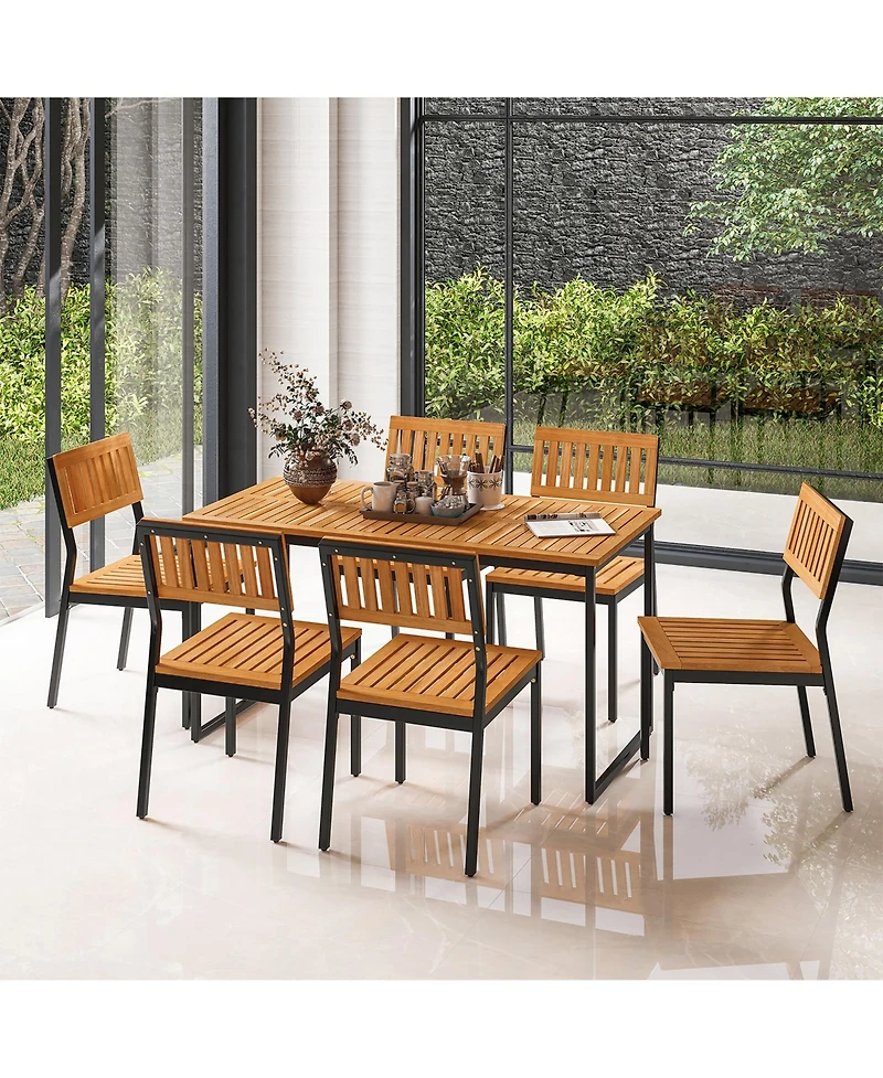 Gymax 7 Pcs Outdoor Dining Set for 6 Acacia Wood Rectangular Table and 6 Armless Chairs