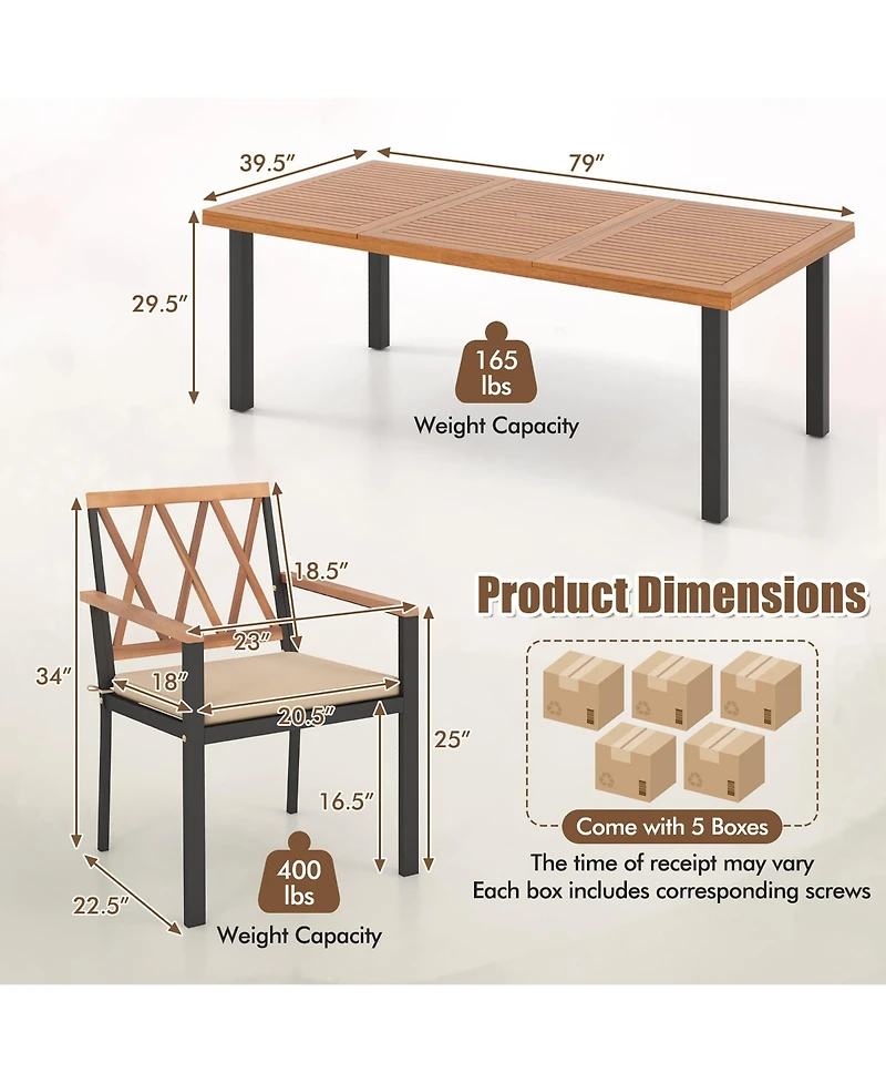 Gymax 9 Pcs Patio Dining Set Acacia Wood Table w/ Soft Cushions and 1.9'' Umbrella Hole