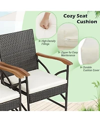 Gymax 5PCS Rattan Dining Set Acacia Wood Table 4 Wicker Chairs w/ Umbrella Hole Patio