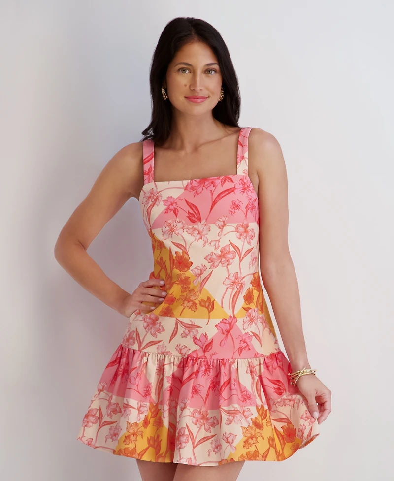 Kensie Women's Square Neck Sleeveless Printed Short Dress