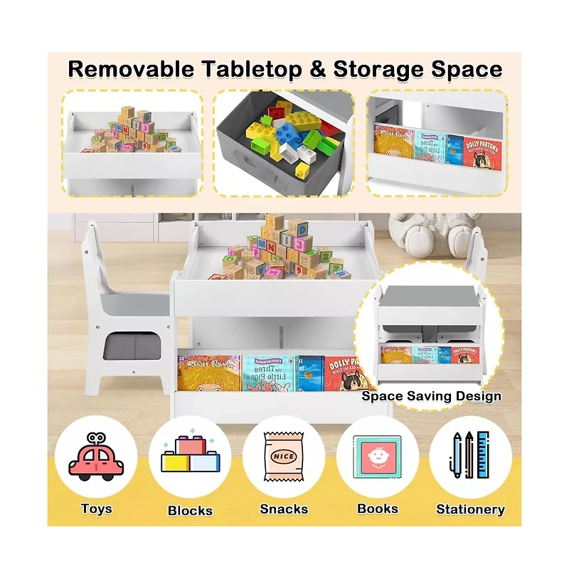 Kinder King 3-in-1 Kids Activity Table and 2 Chairs Set with Storage, Removable Top and Chalkboard