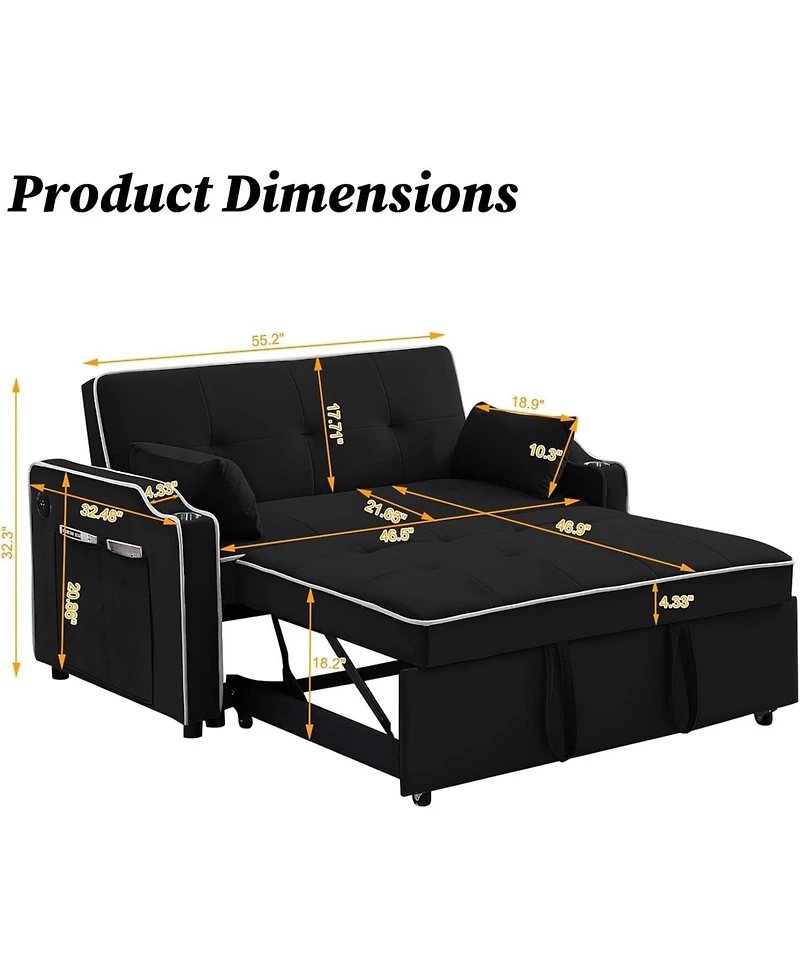 gaomon Velvet Sleeper Sofa Bed, 3-in-1 Convertible Loveseat with Cupholder, Usb Port and Adjustable Backrest