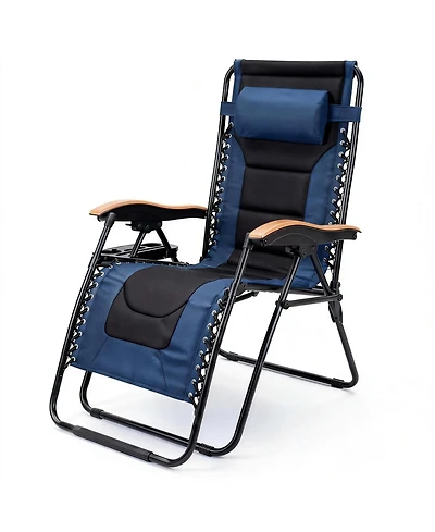 Rainsken Foldable Lounge Chair, Portable Zero Gravity Recliner with Cup Holder and Wooden Armrests for Outside Patio, Beach and Lawn, Support 400 Lbs