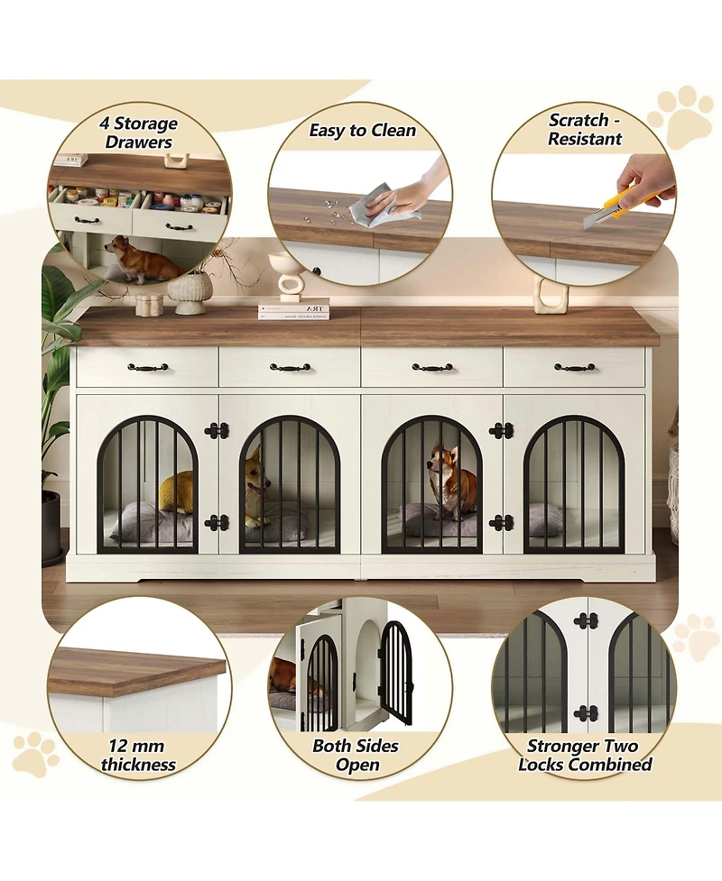 Aostirmotor 70.8" Dog Crate Furniture for 2 Dogs with Divider, 4 Storage Drawers and Doors, End Table Tv Stand, Whiteand
