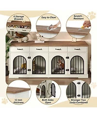 Aostirmotor 70.8" Dog Crate Furniture for 2 Dogs with Divider, 4 Storage Drawers and Doors, End Table Tv Stand, Whiteand