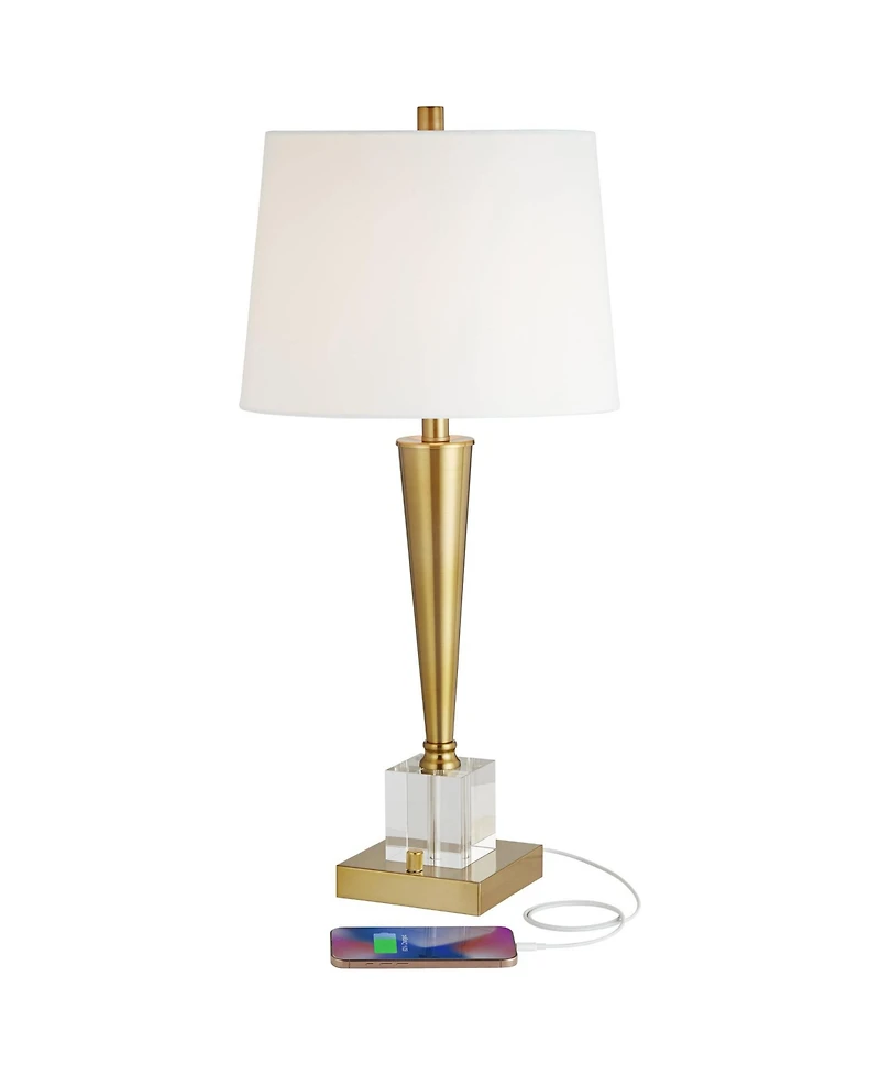 Possini Euro Design Wayne Modern Table Lamps 29 1/4" Tall Set of 2 Brass with Usb Charging Port Fabric Drum Shade for Bedroom Living Room Kids