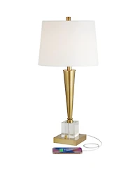 Possini Euro Design Wayne Modern Table Lamps 29 1/4" Tall Set of 2 Brass with Usb Charging Port Fabric Drum Shade for Bedroom Living Room Kids