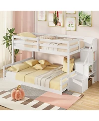 Gouun Solid Wood Twin Over Full Low Bunk Bed with Storage Stairs