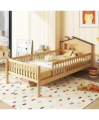 Gouun Kids Montessori Bed with House-Shaped Headboard and Built-in Storage Shelf