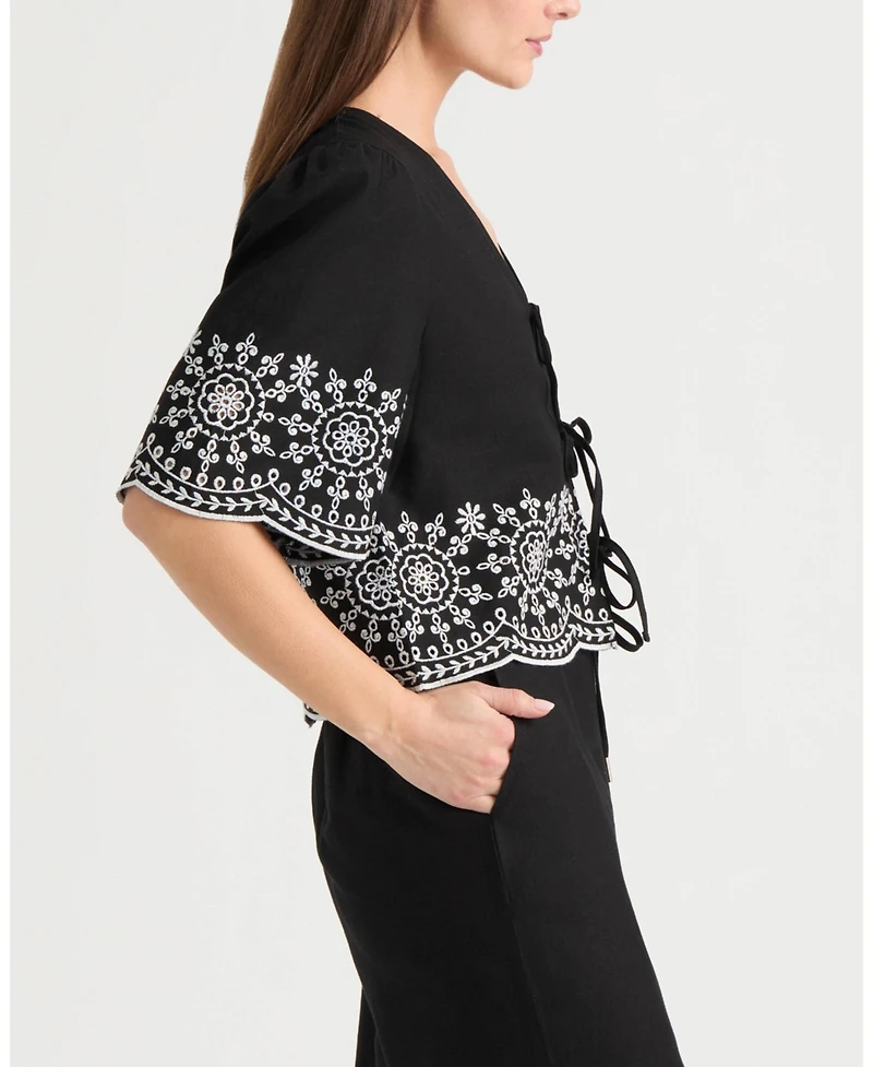 Ellen Tracy Women's 3 Front Tie Embroidered Top