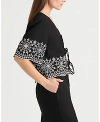 Ellen Tracy Women's 3 Front Tie Embroidered Top