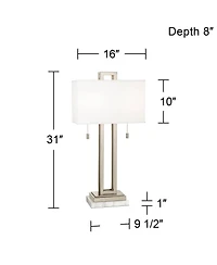 Possini Euro Design Modern Table Lamp with Marble Riser 30" Tall Brushed Nickel Fabric Shade for Bedroom Living Room