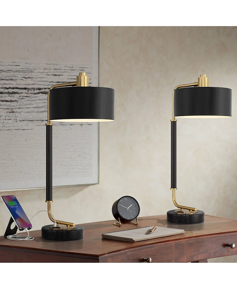 Possini Euro Design Myles 24" High Small Modern Glam Desk Lamps Set of 2 Dual Usb Ports Gold Metal Home Office Charging