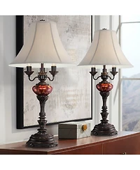 Barnes and Ivy Rhys 34" Tall Traditional 3 Way Table Lamps, Bronze Finish with Tortoise Shell Glass, Set of 2