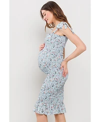 Hello Miz Maternity Floral Smocked Square Neck Bodycon Midi Matertnity Dress with Adjustable Tie Straps