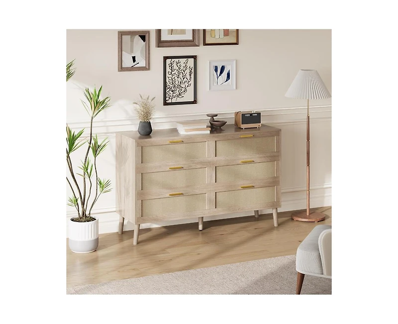 gaomon 6 Drawer Rattan Dresser, 47.2" x 15.7" x 29.5" Rattan Chest of Dressers, Mid Century Modern Dresser for Closet with Handles, Large Table Top