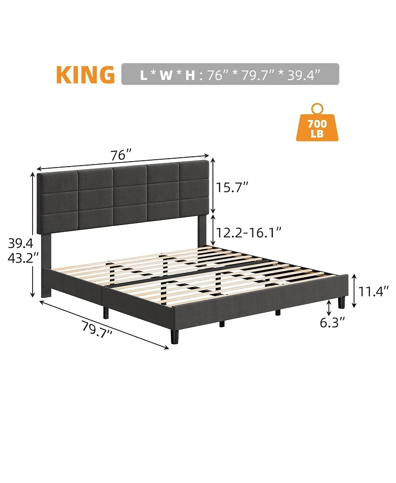 gaomon Bed Frame Adjustable Headboard Linen Upholstered Wood Slats No Box Spring Noise Free Minimalist