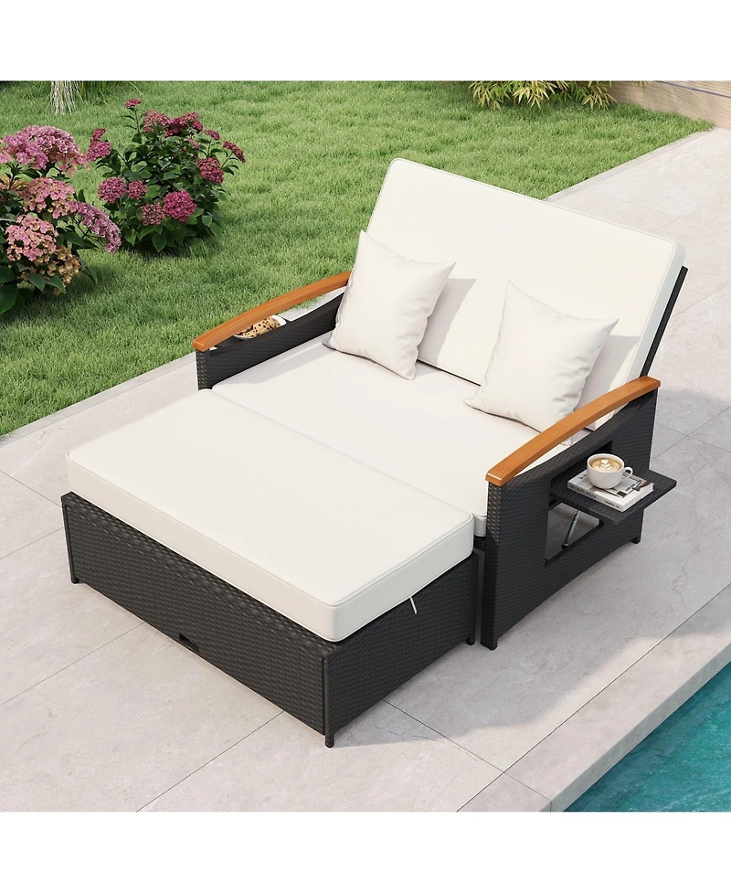 Sugift Outdoor Wicker Daybed with Folding Panels and Storage Ottoman