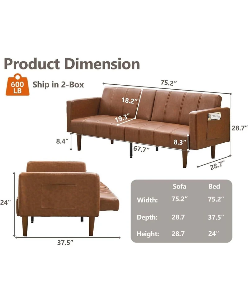 gaomon 75" Faux Leather Futon Sofa Bed, Convertible Sleeper Couch with Adjustable Backrest and Side Pockets