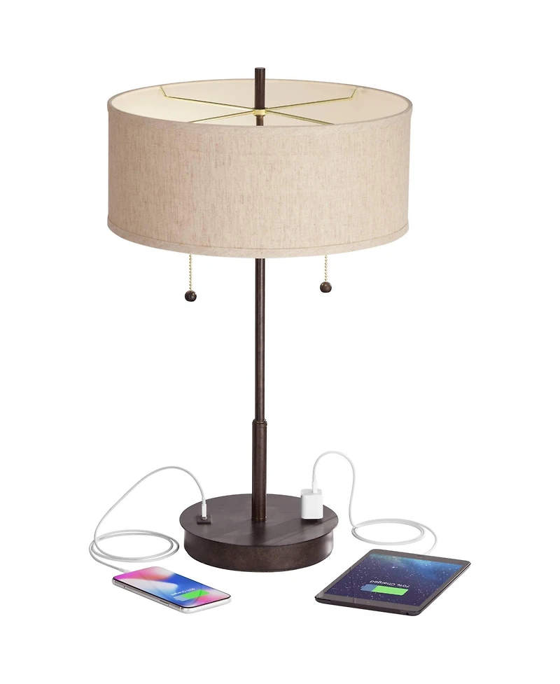 360 Lighting Modern Accent Table Lamps 23.5" High Set of 2 with Hotel Style Usb and Ac Power Outlet in Base Fabric Drum Shade for Living Room