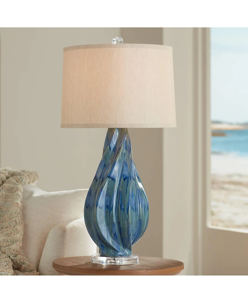 Possini Euro Design Modern Table Lamp with Usb Charging Port 31" Tall Teal Ceramic Drum Shade Living Room Bedroom Bedside (Color May Vary)