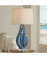 Possini Euro Design Modern Table Lamp with Usb Charging Port 31" Tall Teal Ceramic Drum Shade Living Room Bedroom Bedside (Color May Vary)