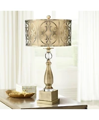 Possini Euro Design Traditional Table Lamp 30 1/2" with Usb Dimmer Tall Brass Metal stick Double Drum Shade for Bedroom Living Room House Home