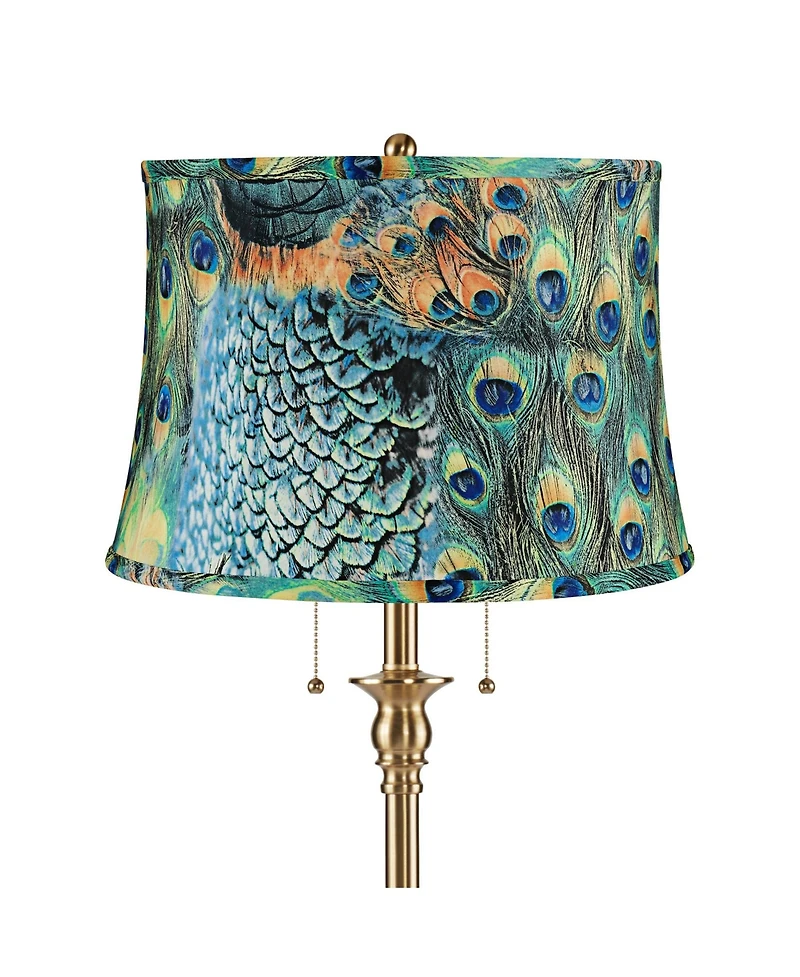 360 Lighting Dyna 58" High Antique Brass and Peacock Drum Shade 2-Light Floor Lamp