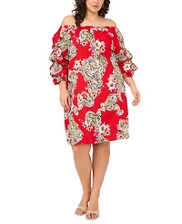 Msk Plus Printed Cotton Off-The-Shoulder Dress