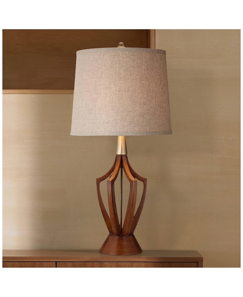 360 Lighting St. Claire Modern Mid Century Table Lamp 30 3/4" Tall Wood Usb Charging Port Fabric Drum Shade for Bedroom Living Room Office House Home
