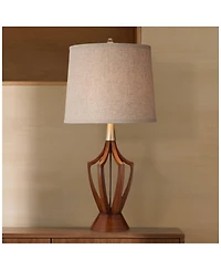 360 Lighting St. Claire Modern Mid Century Table Lamp 30 3/4" Tall Wood Usb Charging Port Fabric Drum Shade for Bedroom Living Room Office House Home