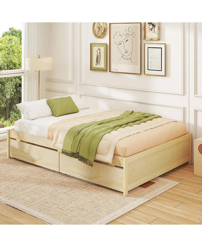 Sugift Wooden Bed Frame with Rolling Storage Drawers