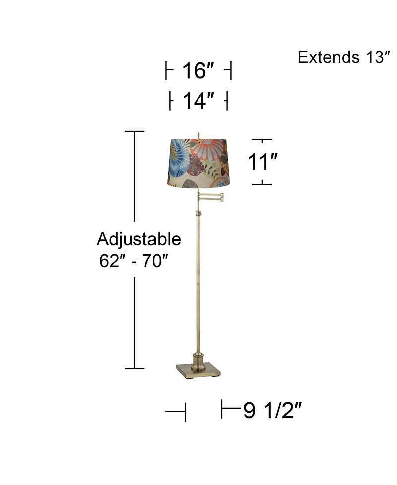 360 Lighting Swing Arm Floor Lamp Adjustable Height 70" Tall Antique Brass Tropic Flower Drum Shade for Living Room Reading Bedroom Office