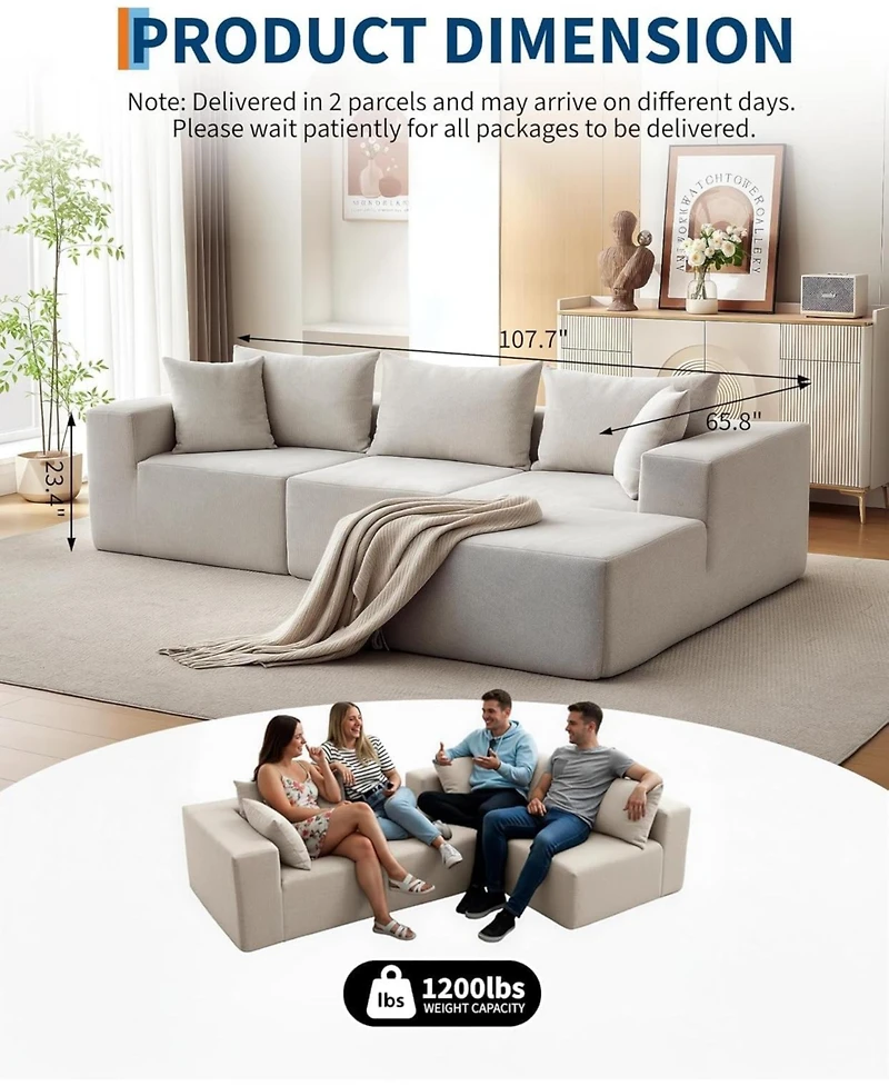 gaomon 108" Modular Cloud Sectional Sofa, L-Shaped Couch with Chaise, Deep Seat, No Assembly - Beige (cotton linen fabric)