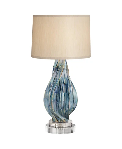 Possini Euro Design Teresa Modern Coastal Table Lamp with Round Riser 32 1/2" Tall Teal Drip Ceramic Drum Shade for Bedroom Living Room