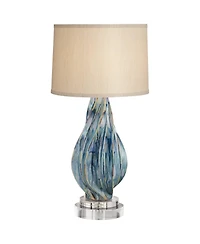 Possini Euro Design Teresa Modern Coastal Table Lamp with Round Riser 32 1/2" Tall Teal Drip Ceramic Drum Shade for Bedroom Living Room